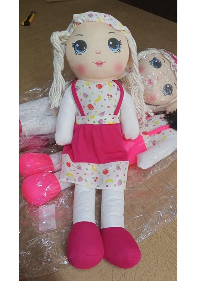 Sevimli Peluş Bez Bebek 50 Cm - Örgü Saçlı Meyve Desenli Elbiseli Bez Bebek