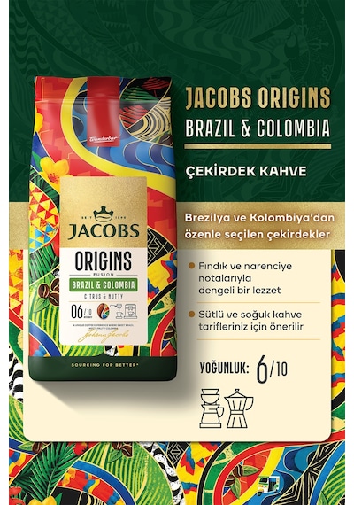 Jacobs Origins Brazil & Colombia Çekirdek Kahve 1 Kg X 2 Adet Çekirdek Kahve
