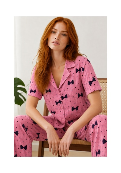 Fit Women Kadın Kısa Kol Desenli Pembe Pijama Takımı 4729