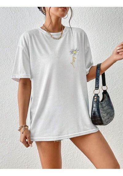Flood Of Style Kadın Beyaz Papatya Baskılı Oversize