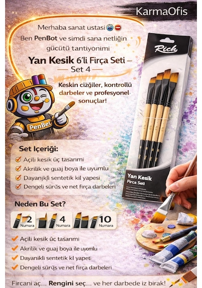 6 Lı Yan Kesik Fırça Seti Set 4 Açılı Uçlu Akrilik Boya Fırçası, Guaj&hobi Uyumlu Profesyonel Set