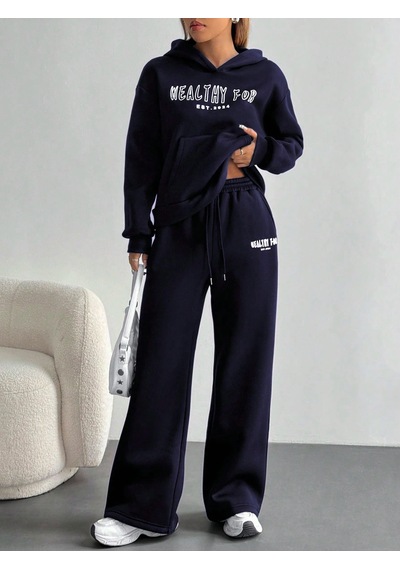 Macklin Unisex Kadın Erkek Healty For Baskılı Oversize 3 İplik Kapüşonlu Sweatshirt Ve Baggy Eşofman Altı Lacivert