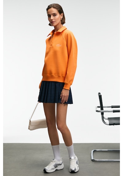 Grımelange CAMIREL Kadın Polo Yaka Düğmeli Nakış Detaylı Reglan Kol Comfort Fit Turuncu Sweatshirt