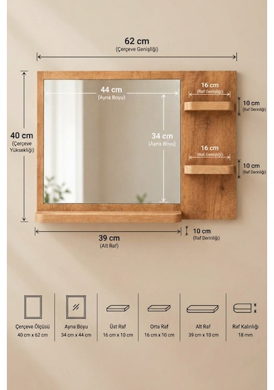Antik Ahşap Dekoratif Ayna Raflı Askılıklı Ayna Banyo Lavabo Wc Aynası Oda Dresuar Koridor Konsol Mutfak Makyaj Aynası Ynr-01x Atlantik Çam