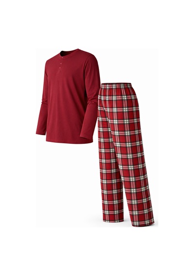 Mutlu City Erkek Mevsimlik Uzun Kollu 3 Düğmeli Ekose Alt Pijama Takımı 16649 Bordo