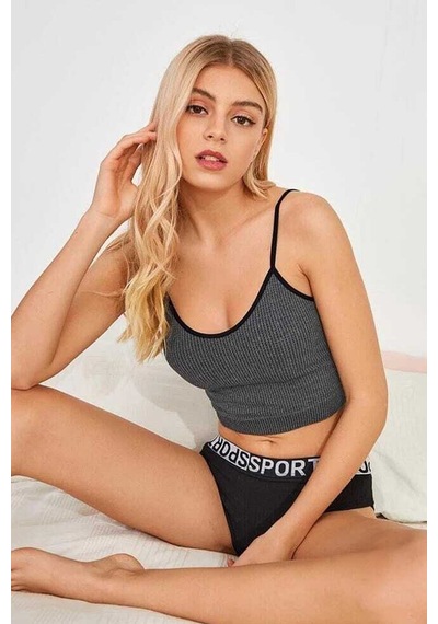İkikareshop Kadın Anstrasit Gri İp Askılı Crop Top Bluz Çok Renkli