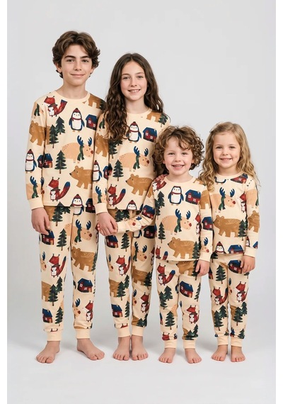Zuzunga Sevimli Kardan Adam-penguen Desenli %100 Pamuk Unisex Çocuk Pijama Takımı Krem