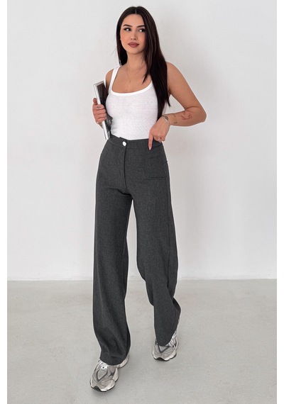 Kadın Yüksek Bel Geniş Paça Pantolon Grey Tailor Gri