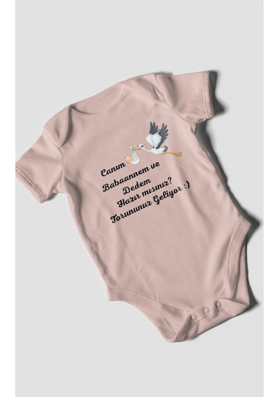 Canım Babannem Ve Dedem Hazır Mısınız Baskılı Bebek Zıbını Çıtçıtlı Body %100 Pamuk Kısa Kol Pastel Pembe