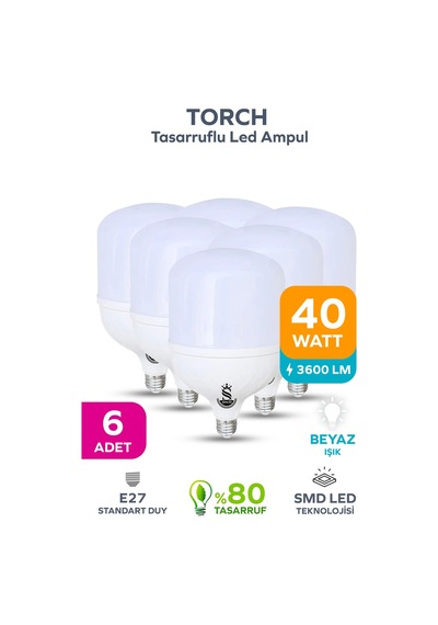 40w Tasarruflu E27 Beyaz Işık Torch Led Ampul 6 Adet 6 Adet
