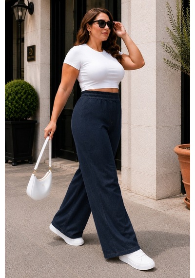Cedy Denim Kadın Büyük Beden Yüksek Bel Palazzo Pantolon Yazlık İnce Kumaş Terletmez Likralı C633 Lacivert