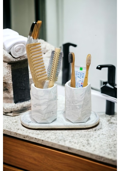 Banyo Seti Tepsili Diş Fırçalık, Diş Macunluk, Makyaj Organizeri,banyo Takımı Gri