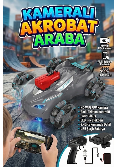 Uzaktan Kumandalı Kameralı Araba Wifi Fpv Akrobat Drift Aracı Şarjlı Işıklı 360 Derece Dönen Oyuncak Gri