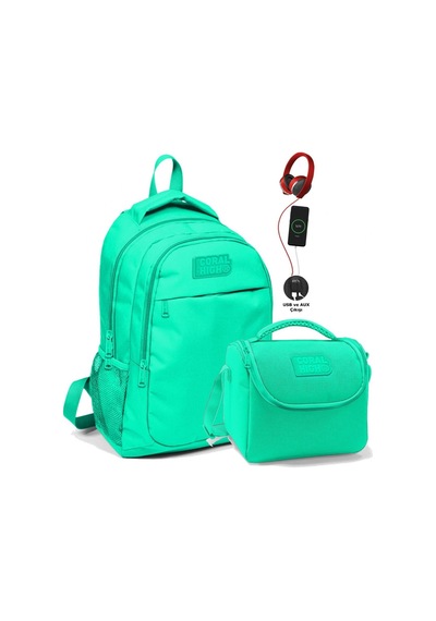 Coral High Okul Ve Beslenme Çantası Seti - Kız Çocuk Su Yeşili - Usb Soketli Çok Renkli