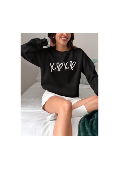 Magors Stıl-x Love Baskılı Bisiklet Yaka Oversıze Üç İplik Şardonlu Sweatshırt Siyah