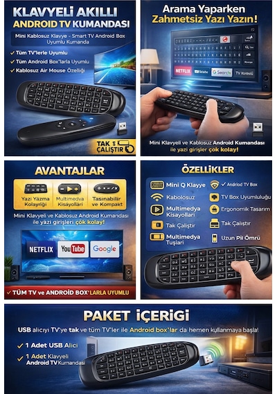 Klavyeli Akıllı Android Tv Kumandası Mini Kablosuz Klavye Smart Tv Android Box Uyumludur