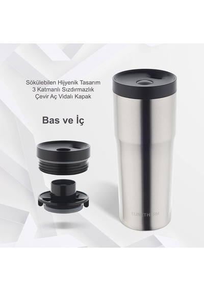Sızdırmaz Vakumlu Çıft Katmanlı Çelik Bardak Termos 480 Ml 6 Saat Sıcak / 12 Saat Soğuk - Metalik Gri Çok Renkli