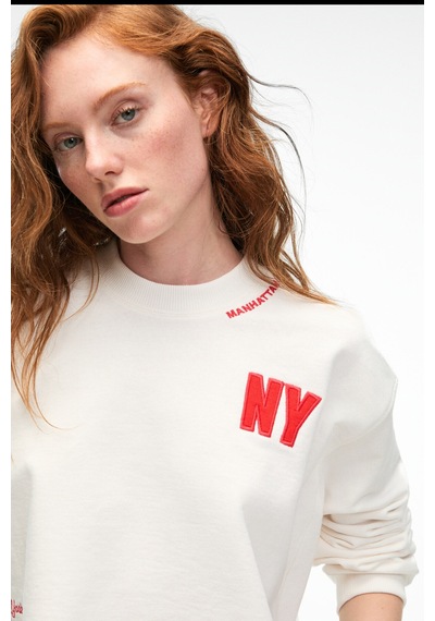 Grımelange DELYRA Kadın Bisiklet Yaka Rahat Kesim Nakış Detaylı Ekru Sweatshirt