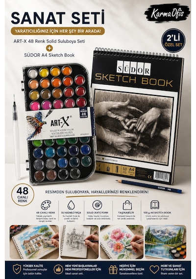 Art-x 48 Renk Suluboya Seti + Südor A4 Sketch Book Profesyonel Çizim Ve Sanat Seti Hobi Defteri A4