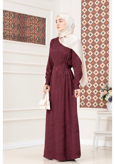 Sevitli Beli Bağlamalı Jakar Abiye Elbise-bordo-5721