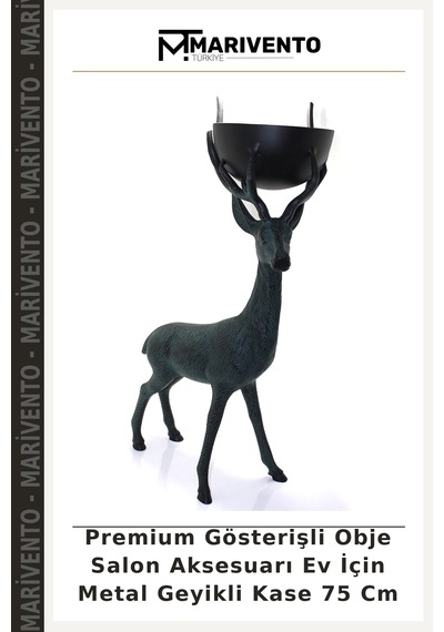 Premium Gösterişli Obje Salon Aksesuarı Ev İçin Metal Geyikli Kase 75 Cm