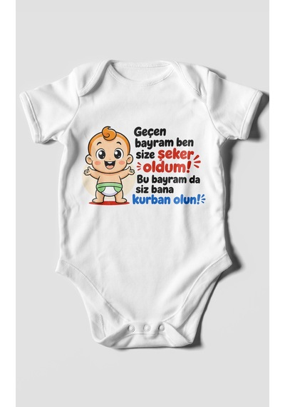 Morivokids Geçen Bayram Ben Yazılı Kısa Kollu Bebek Body %100 Pamuk Beyaz