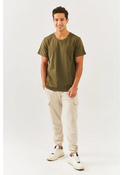 Erkek Oversize Rahat %100 Pamuklu Penye Bisiklet Yaka Kısa Kol Basic T-shirt Classic Collection Haki