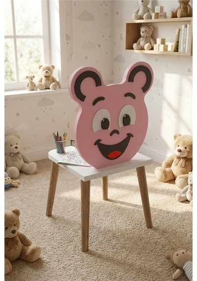 Çocuk Masası & Çocuk Sandalyesi Happy Face Sevimli Figürlü Set Pembe
