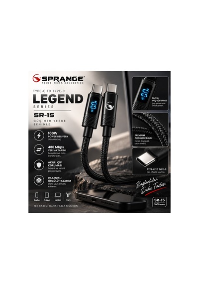 Sprange Legend Series Type-c To Type-c 100w Hızlı Şarj Ve Data Kablosu 5a / 1000mm Sr-15 Siyah
