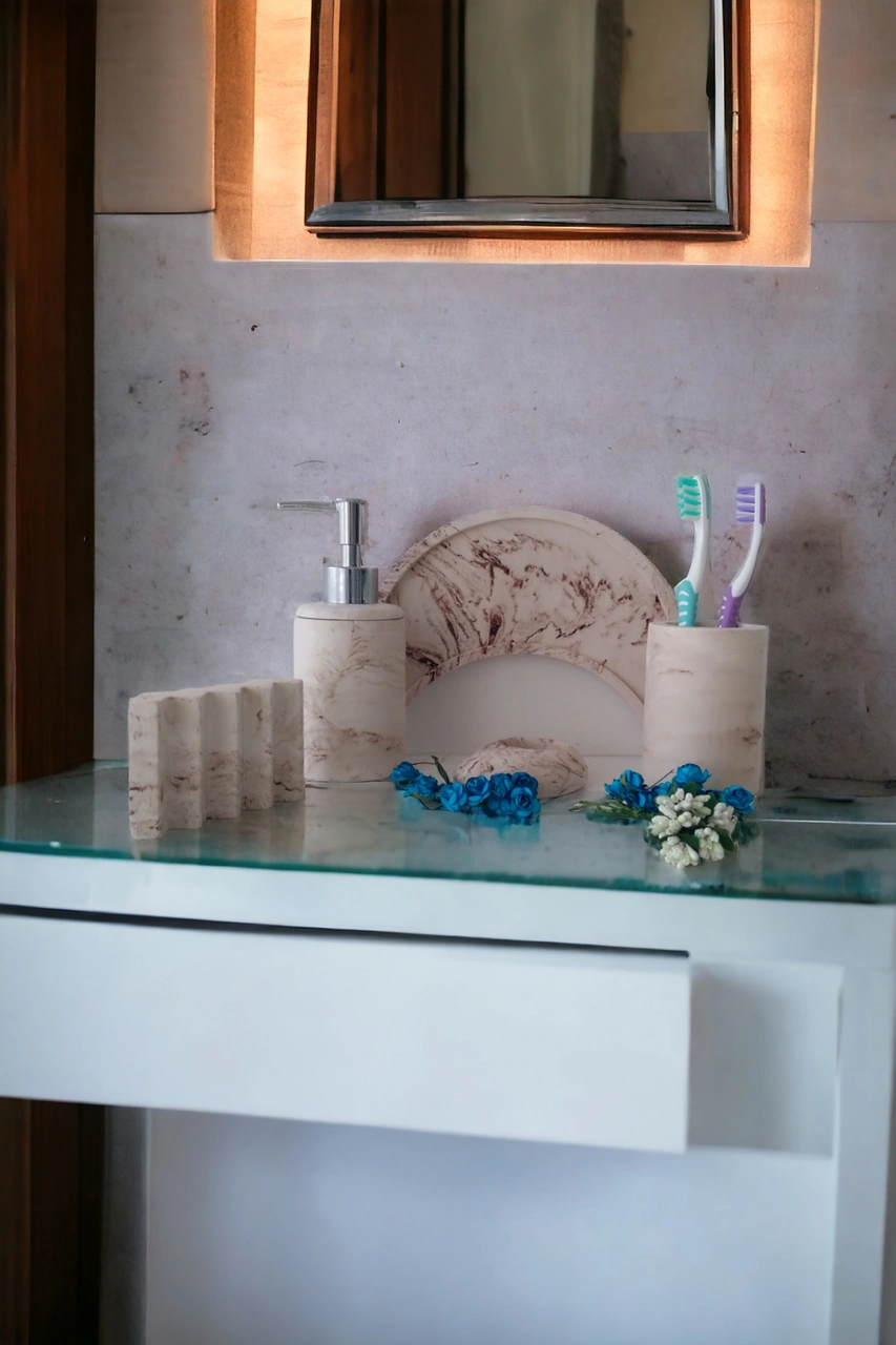 Bej Hilal Tepsili Banyo Seti ,sıvı Sabunluk Diş Fırçalığı Beton Aksesuar Takımı Bej