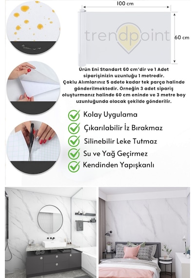 Trendpoint Kendinden Yapışkanlı Mermer Görünümlü 60cm 100cm Premium Zemin Duvar Kağıdı Dolap Kaplama 60 CM X 100 CM