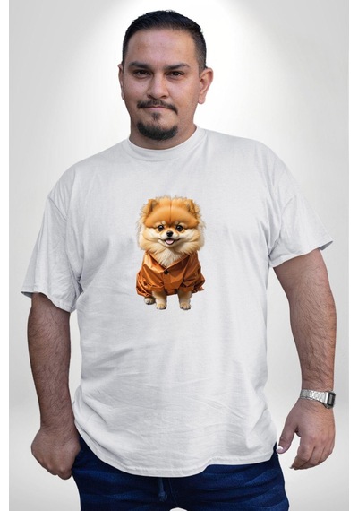 Angemiel Teacup Pomernian Çeket Beyaz Büyük Beden Kadın Erkek Ünisex Basic Ön Baskılı Tişört Beyaz