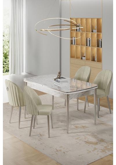 Canisa Rada Serisi 80x132 Açılabilir Lak Panel Beyaz Mermer Desen Masa 4 Krem Sandalye Krom Detay Beyaz Mermer Desen Masa Krem Sandalye Canisa Rada Serisi 80x132 Açılabilir Lak Panel Beyaz Mermer Desen Masa 4 Krem Sandalye Krom Detay Beyaz Mermer Desen Masa Krem Sandalye