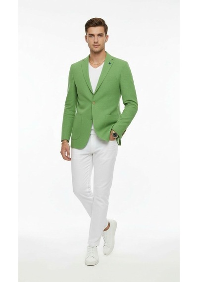 Plus Scorpion Erkek Slim Fit Blazer Ceket Tek Düğmeli Çift Yırtmaçlı Torba Cepli Yarım Astarlı Yeşil