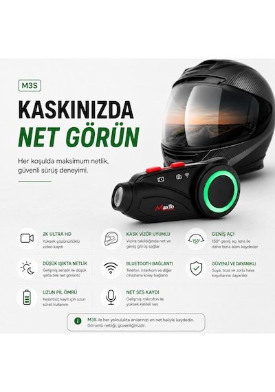 Maxto M3s 2k Hd 1440p Kameralı Motosiklet Kask İnterkom Bluetooth 5.0 Wifi 1000 Metre Intercom Fm Radyo Ip67