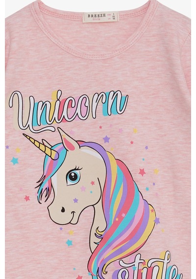Breeze Kız Çocuk Uzun Kollu Tişört Unicorn 2-6 Yaş, Somon Melanj Somon