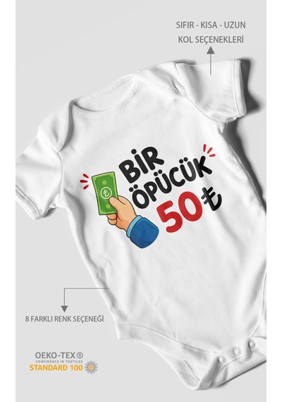 Morivokids Bir Öpücük 50tl Kısa Kollu Bebek Body %100 Pamuk Beyaz