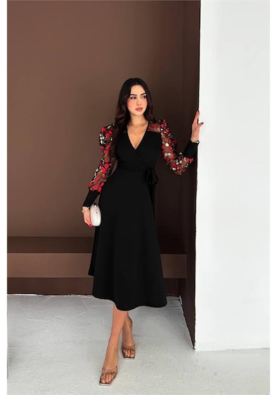 Neşeli Butik Kadın Siyah Tül Kol Çiçek İşlemeli Midi Boy Elbise Nbk4409 Siyah Neşeli Butik Kadın Siyah Tül Kol Çiçek İşlemeli Midi Boy Elbise Nbk4409 Siyah