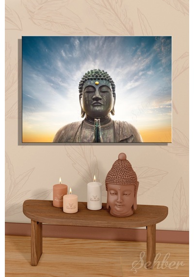 Meditasyon Pozunda Bronz Tonda Buda Heykeli Yatay Kanvas Tablo 4607 Çok Renkli