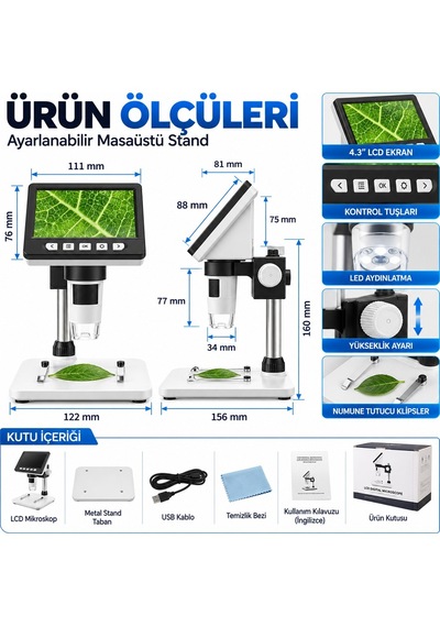 Luve Store 1000x Dijital Mikroskop 4.3 İnç Lcd Ekran 1080p Led Işıklı Usb Bağlantılı Masaüstü Mikroskop