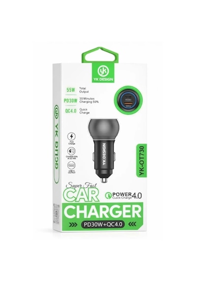 Yk Design Yk-ot730 Usb Qc4.0 Pd 30w Araç Şarj Başlığı Siyah