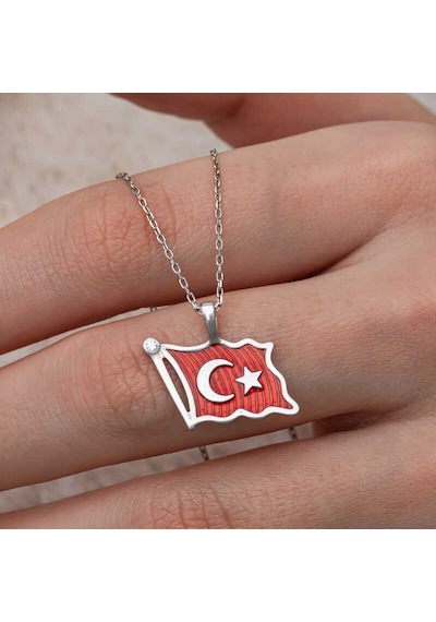 Gümüş Türk Bayrağı Kadın Kolye Çok Renkli