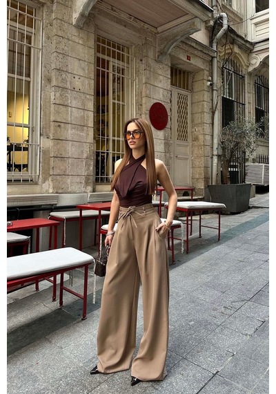 Myloore Kadın Camel Yüksek Bel Kuşaklı Bol Paça Palazzo Pantolon Mlb145