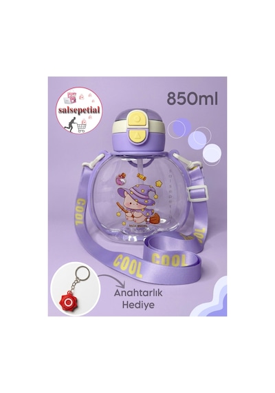 Ayıcık Su Matarası Ayıcıklı Suluk Figürlü Su Şişesi Ayıcık Matara Askılı Pipetli Matara 850ml Mor