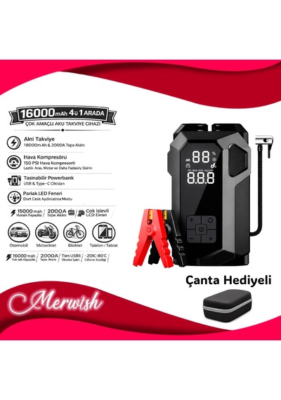 Akü Takviye Cihazı 4'ü 1 Arada Jump Starter 150 Psı Hava Kompresörü Powerbank & Led Fener Taşıma Çantalı