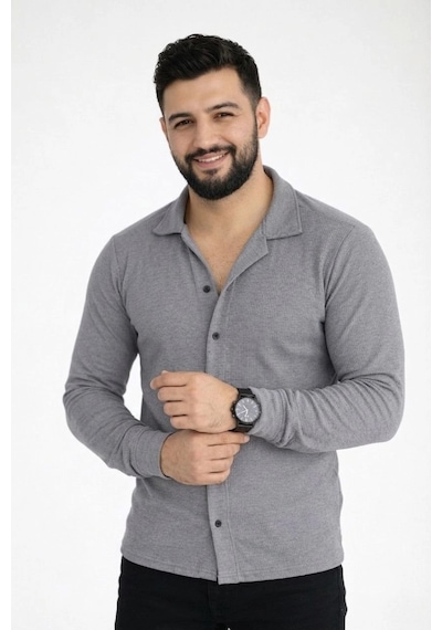 Erkek Waffle Kumaş Uzun Kollu Düğmeli Açık Yaka Regular Fit Gömlek - Füme Çok Renkli