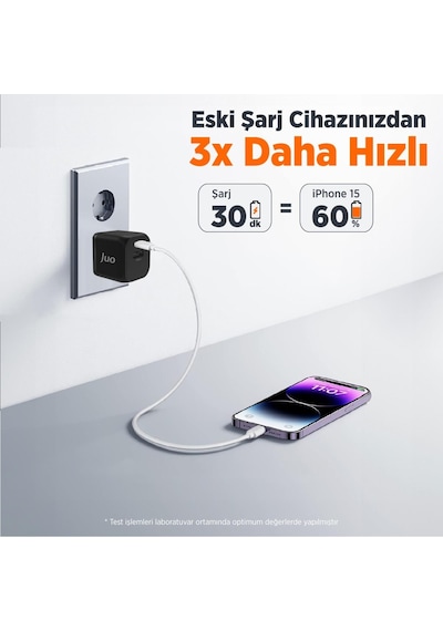 Juo 20W GaN USB-C + USB-A Şarj Aleti iPhone & Apple Uyumlu iPad  & Android PD QC4.0 Type-C Hızlı Şarj Cihazı Siyah