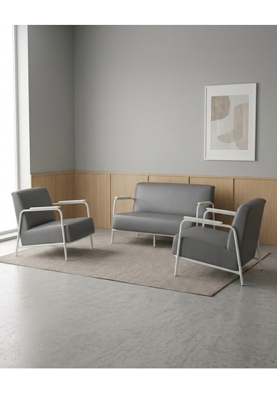 Atlas 2+1+1 Deri Ofis Büro Modern Bekleme Koltuk Takımı Beyaz Metal İskelet - Gri
