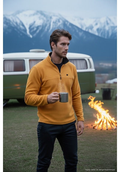 Buratti Slim Fit Anti-Pilling Tüylenme Yapmayan Bato Yaka Kışlık Şardonlu Erkek Polar 5906001 Hardal