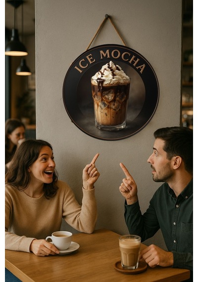 Ice Mocha Temalı Yuvarlak Cafe Tabelası, Jüt İpli Ahşap Duvar & Kapı Dekoru, Barista Tarzı Süs